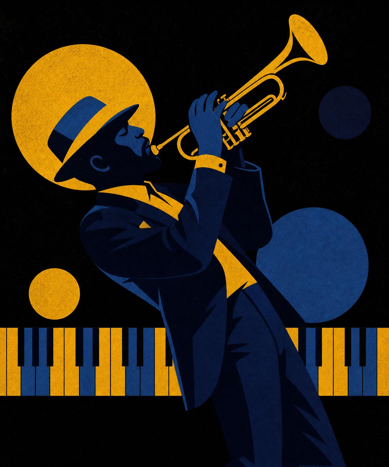 Flat vector illustration of a trumpet player mid-performance in gold and blue over a band of piano keys